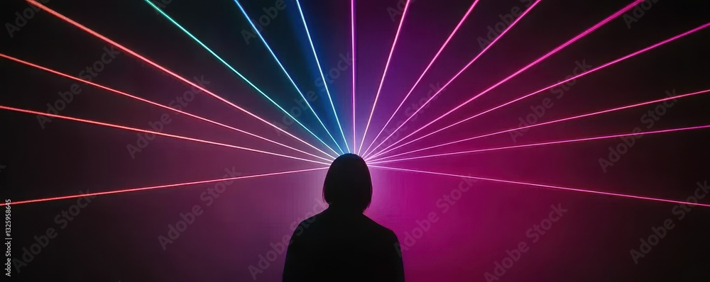 Poster A silhouette of a person is illuminated by colorful laser beams radiating outward in a dark space, creating a vibrant and dynamic atmosphere.