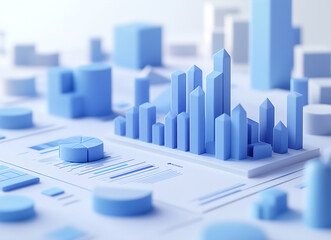 A blue cityscape with buildings and a pie chart on a white background