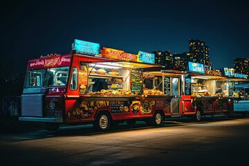 A vibrant and bustling street food scene at night with multiple food trucks offering diverse cuisines, set against an urban skyline filled with twinkling lights and a dark sky.