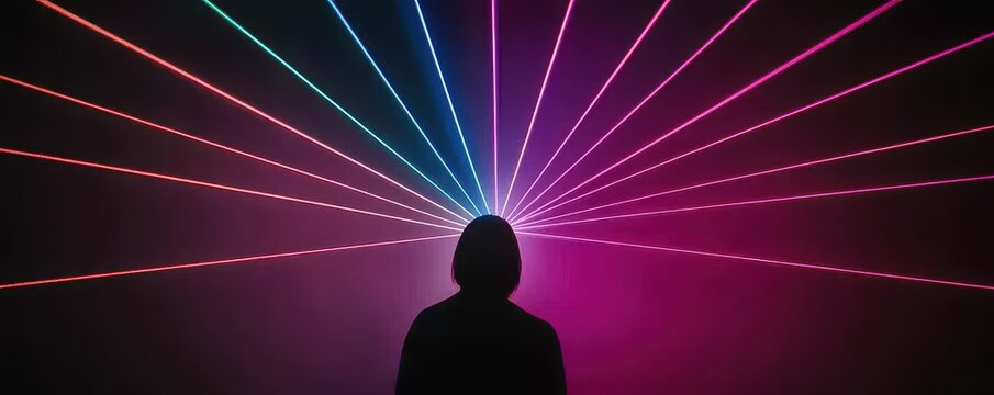 A silhouette of a person is illuminated by colorful laser beams radiating outward in a dark space, creating a vibrant and dynamic atmosphere.