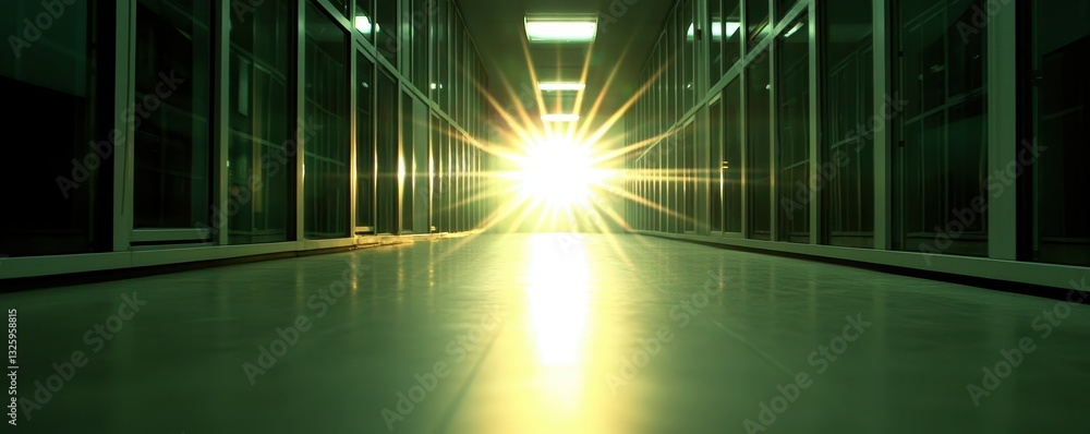 Poster a bright light shines at the end of a corridor, creating an ethereal atmosphere with reflections on 