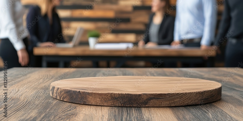Poster a wooden platter sits in the foreground with blurred figures engaged in conversation in a modern off