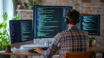 Focused Programmer Writing Code in Modern Home Office Setup