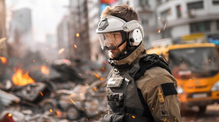 Intrepid Soldier in Protective Gear Amidst Urban Chaos and Explosions in City Environment