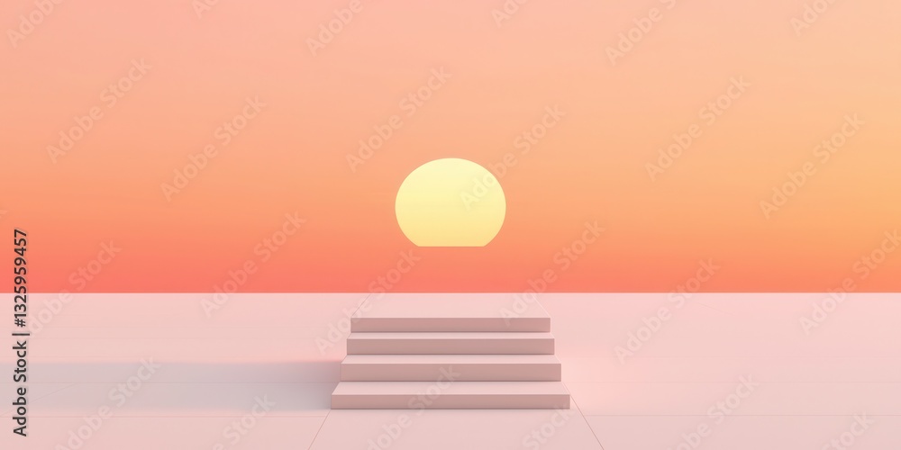 Poster a serene scene featuring a gradient sky at sunset, with a large sun setting over a minimalistic set 