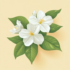 Fototapeta premium Three delicate white blossoms with vibrant green leaves, isolated on a soft beige background.