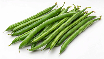 Obraz premium A group of green beans, their vibrant color and smooth texture highlighted against a white background, perfect for food or ingredient-focused content