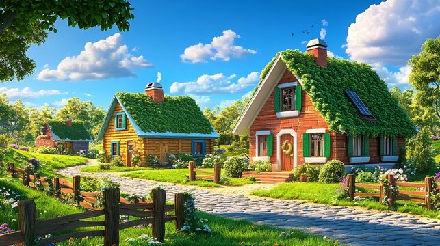 Charming Green Roof Cottages Sunny Village Scene Illustration sky log art home path wood