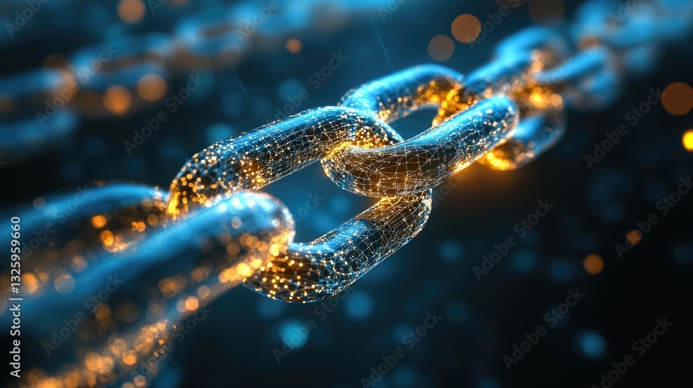 Poster A futuristic representation of a digital chain link concept, glowing with energy, symbolizing blockchain technology and the future of secure data transactions