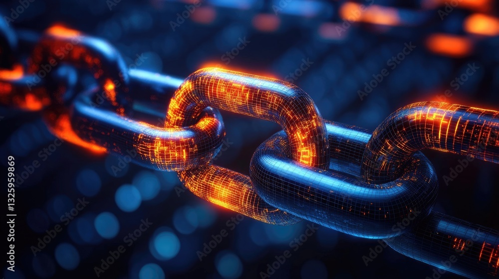 Poster A futuristic representation of a digital chain link concept, glowing with energy, symbolizing blockchain technology and the future of secure data transactions