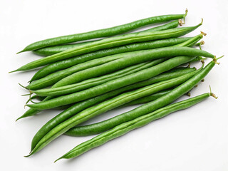 Fototapeta premium Green beans, beans, vegetables, produce, fresh, vibrant, green, long pods, slender, smooth texture, isolated, white background, food photography, recipe, ingredient, cooking, vegan, vegetarian, natura