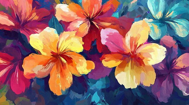 Vibrant colorful oil painted flowers on canvas with artistic texture and bold brushstrokes
