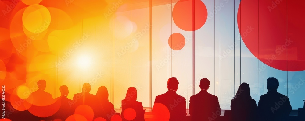 Poster a vibrant silhouette of people against a colorful background, suggesting a meeting or gathering with