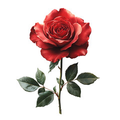 Fototapeta premium Single Dark Red Rose Flower Stem Isolated Black Background Bloom Petal Plant Image Leaves Floral 