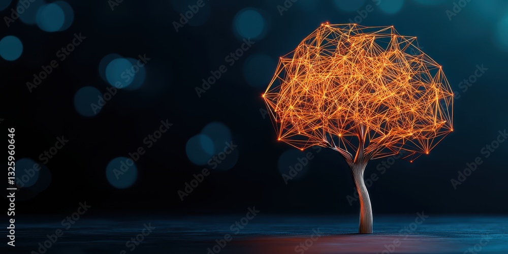 Poster a glowing, abstract tree stands against a dark background, created with intricate, luminous lines th