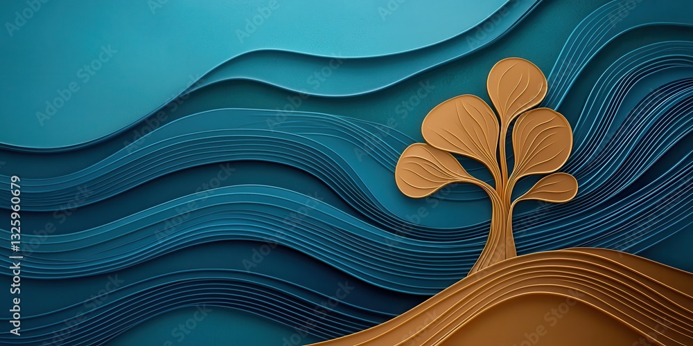 Poster a stylized landscape featuring a tree on a wavy, layered background with shades of blue and brown, c