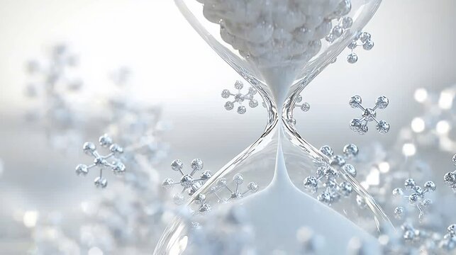 Massive hourglass where the sand is replaced by floating atomic structures symbolizing time and quantum physics