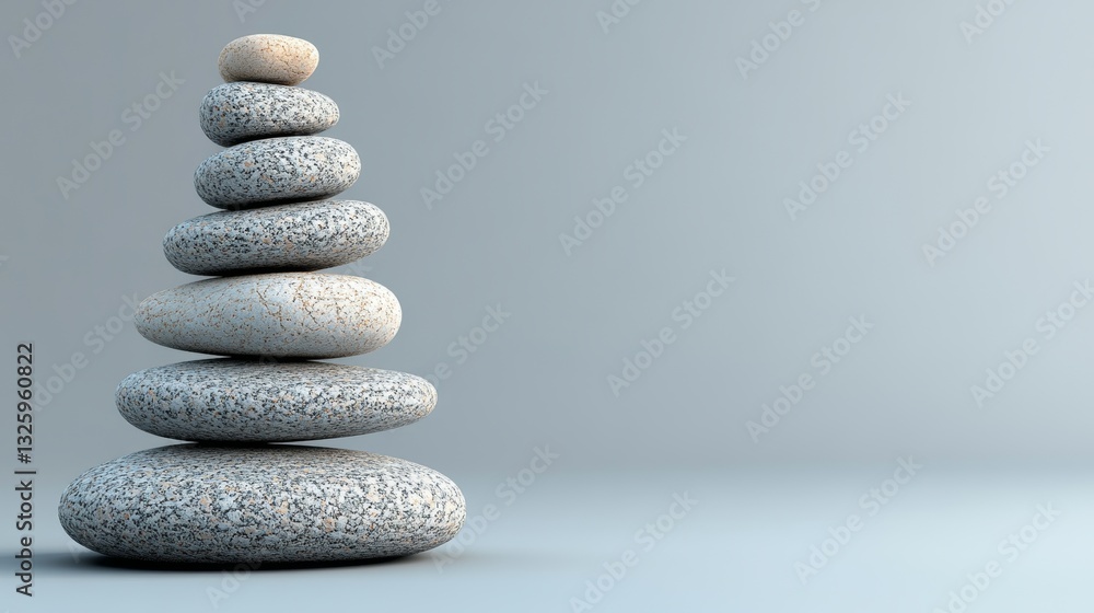 Poster a harmonious stack of pebbles set against a smooth gradient background, evoking a sense of balance a