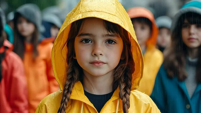 Young girl wearing a yellow raincoat and braids stands in front of a group of people