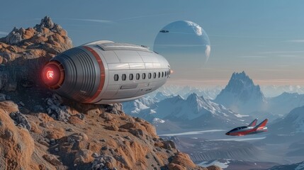 Fototapeta premium Futuristic Spacecraft on Rocky Mountain Landscape with Planetary View in the Background