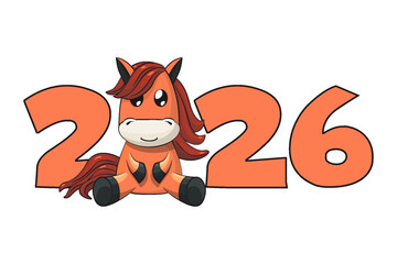 Chinese New Year 2026 in cartoon style with Sitting orange horse. Horse Character. Animal themed. 2026 New Year