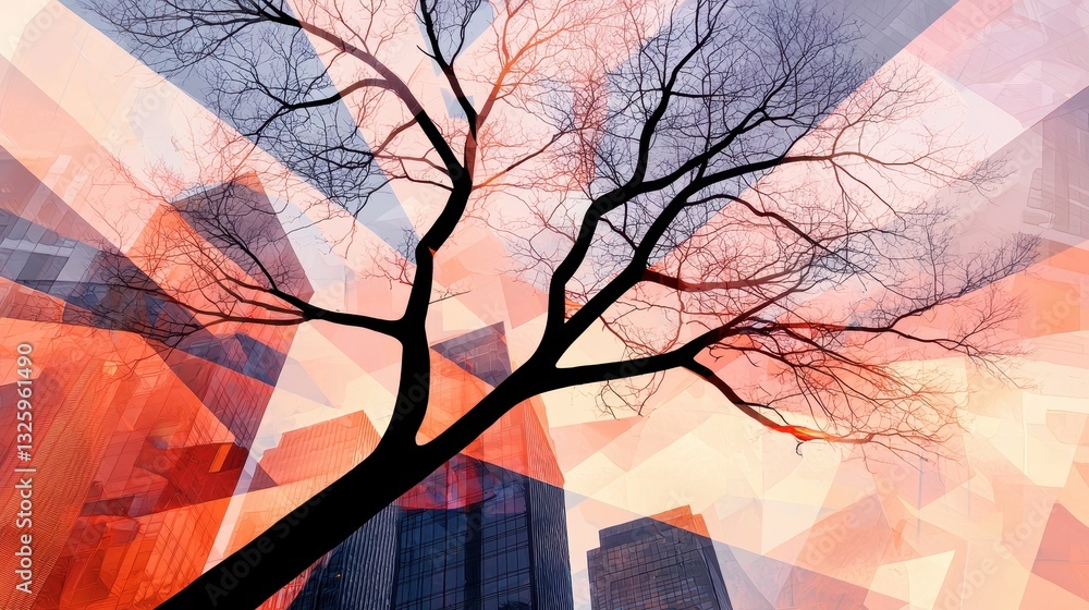 Poster a striking silhouette of a bare tree against a vibrant, abstract urban backdrop, blending nature wit