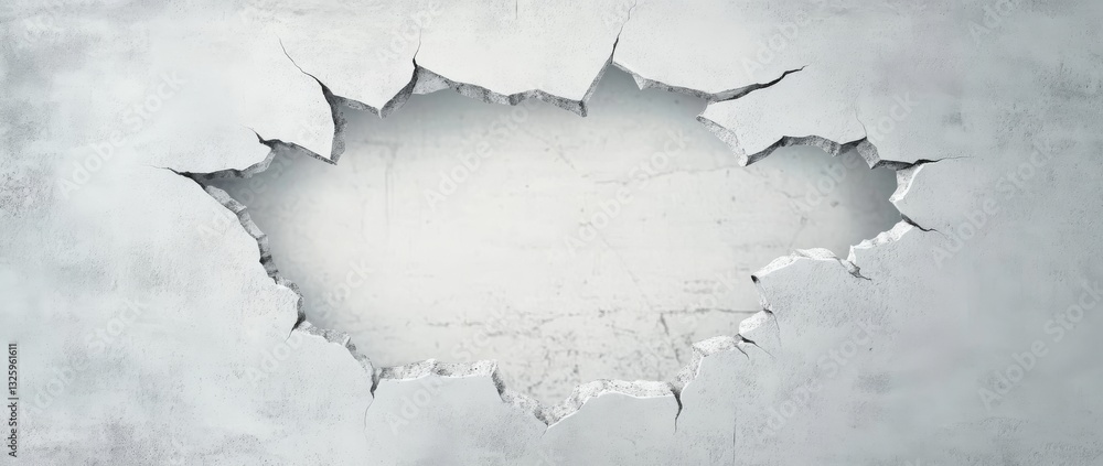 Poster wall with a large hole revealing the empty space beyond in an indoor setting