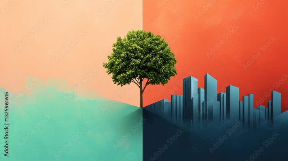 Poster a vibrant illustration showing a tree emerging from a contrasting landscape of soft colors and a dar