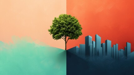 Obraz premium A vibrant illustration showing a tree emerging from a contrasting landscape of soft colors and a dark city skyline, symbolizing nature versus urbanization.