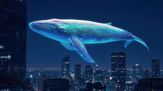 Surreal scene of a giant glowing whale swimming through the air above a modern city skyline at night, a fantasy and dream concept