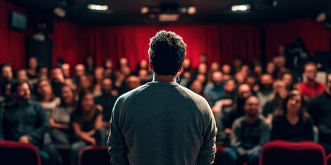 A stand-up comedian on stage, with an engaged audience laughing in the background