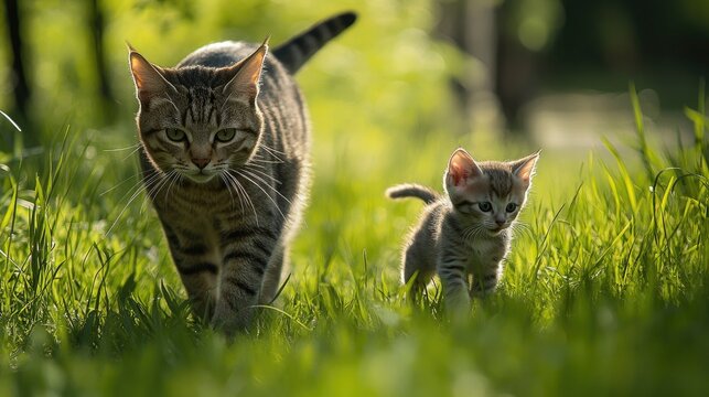 A mother cat walking gracefully through tall grass with her playful kitten following closely behind, creating a peaceful outdoor scene
