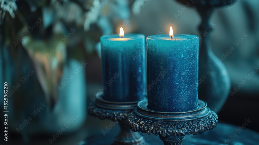 Poster a pair of elegant blue candles positioned on a stylish decorative holder, glowing softly and adding 