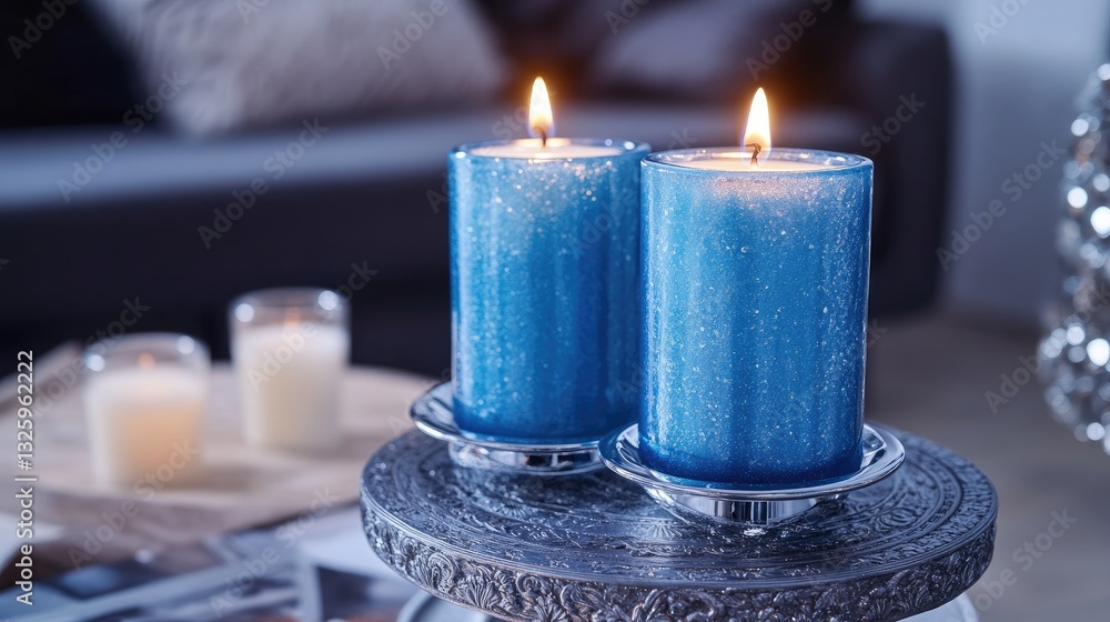 Poster a pair of elegant blue candles positioned on a stylish decorative holder, glowing softly and adding 