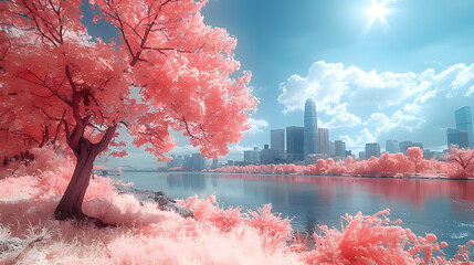 Serene infrared landscape featuring vibrant pink trees near a reflective lake with a city skyline