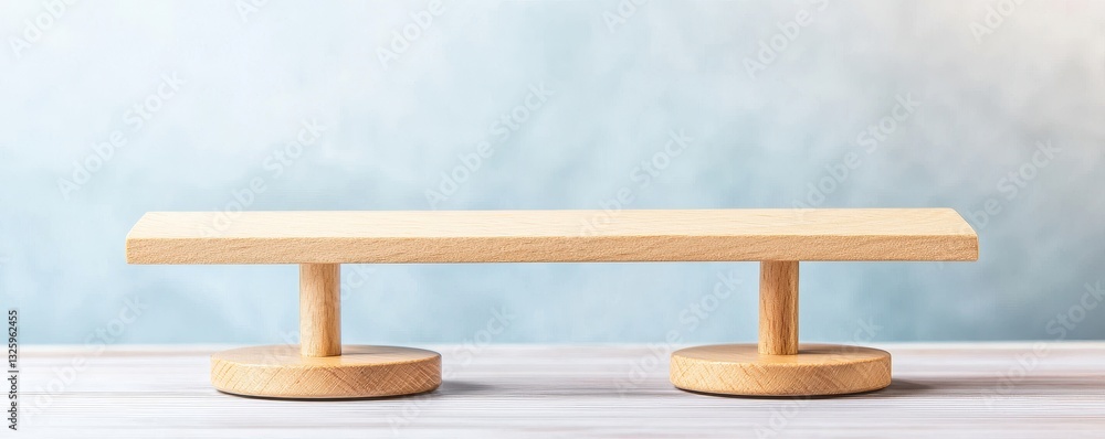 Poster A simple wooden bench with a minimal design, resting on circular bases against a soft blue background.