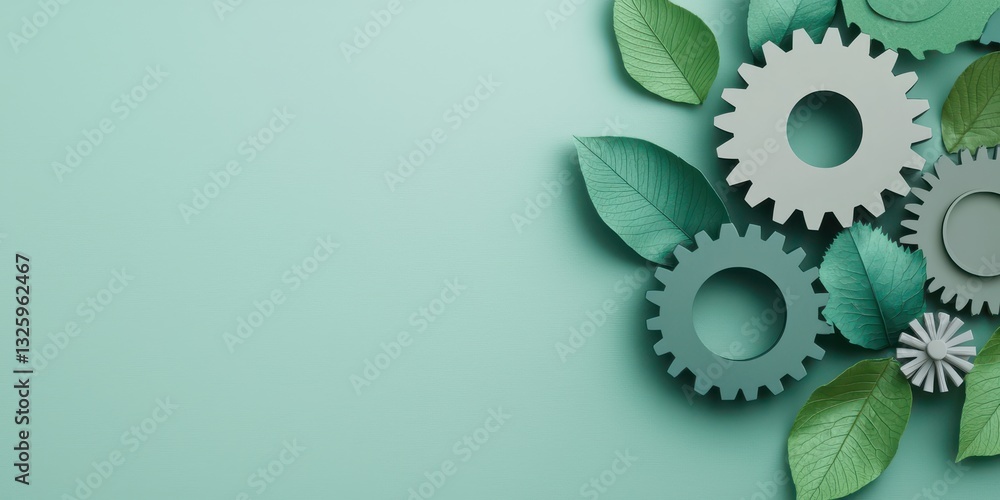 Poster a visually calming arrangement of gears and green leaves on a soft mint background, symbolizing the 