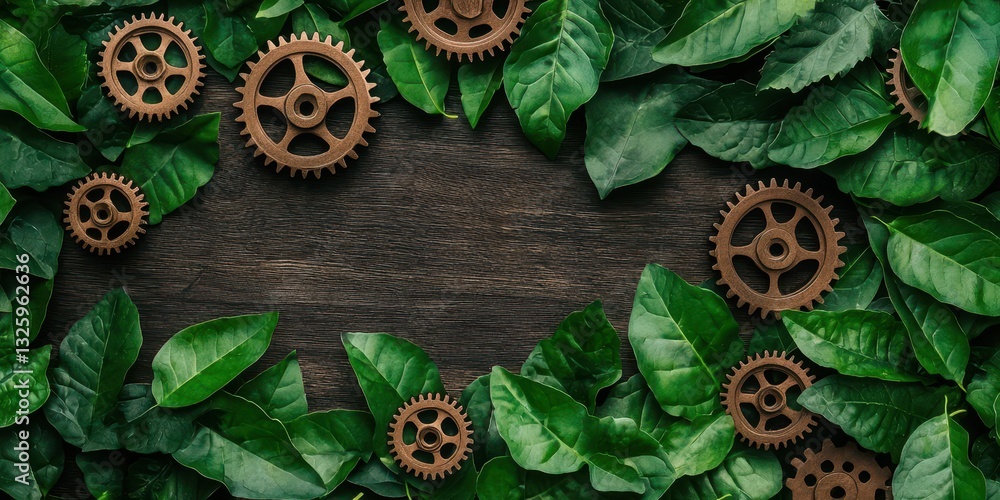 Poster a creative arrangement of green leaves and rustic gears, symbolizing the fusion of nature and machin