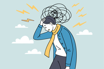 Overthinking, too much worried, stress or anxiety, self doubt, fear or indecision, obsession thoughts, mental exhaustion or negative emotional, overload concept, businessman overthinking mess head.