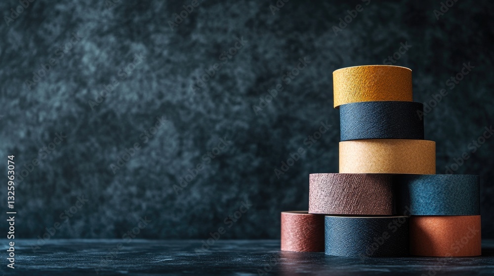 Poster a set of decorative textured adhesive tape rolls in different shades, stacked on a dark surface, ide