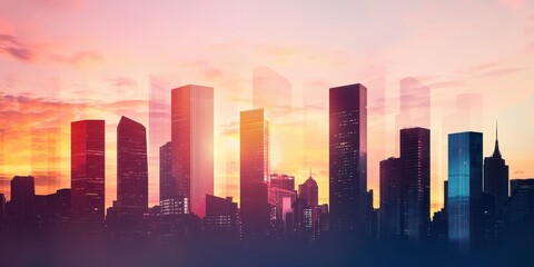 Fototapeta premium A vibrant sunset skyline featuring tall buildings, casting silhouettes against a colorful evening sky.