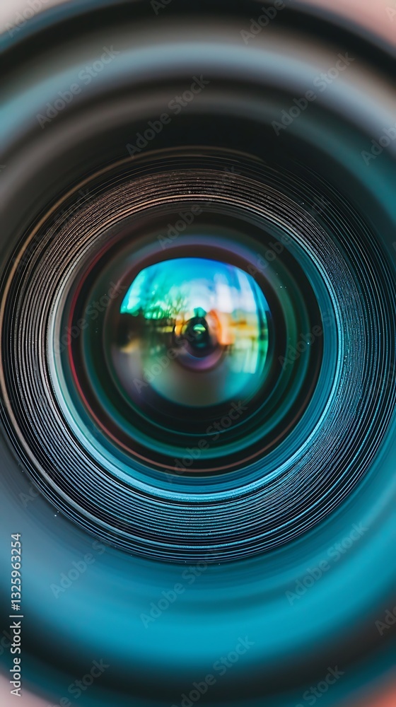 Poster a close-up view of a camera lens, showcasing vibrant reflections and intricate details within the le