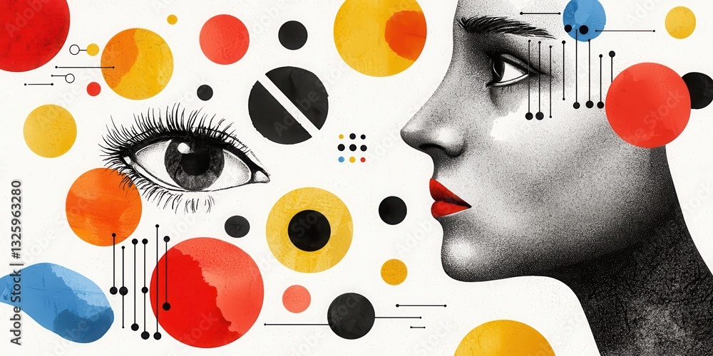 Poster a striking illustration featuring a woman's profile and an eye, adorned with colorful circles and ab