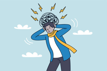 Overthinking, too much worried, stress or anxiety, self doubt, fear or indecision, obsession thoughts, mental exhaustion or negative emotional, overload concept, businessman overthinking mess head.