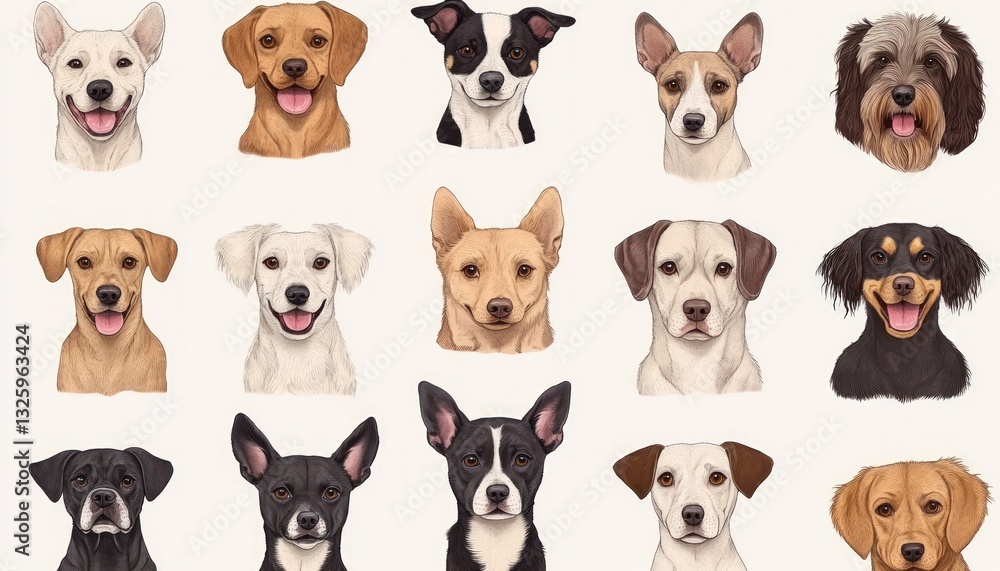 Poster digital illustration of various dog breeds in a grid against a cream background displaying diverse c