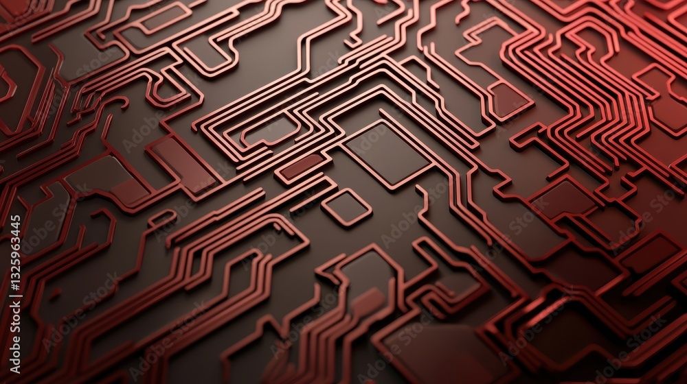 Aufkleber A close-up view of a complex circuit board design featuring intricate lines and patterns in red against a dark background.