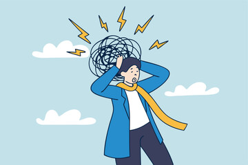 Overthinking, too much worried, stress or anxiety, self doubt, fear or indecision, obsession thoughts, mental exhaustion or negative emotional, overload concept, businessman overthinking mess head.