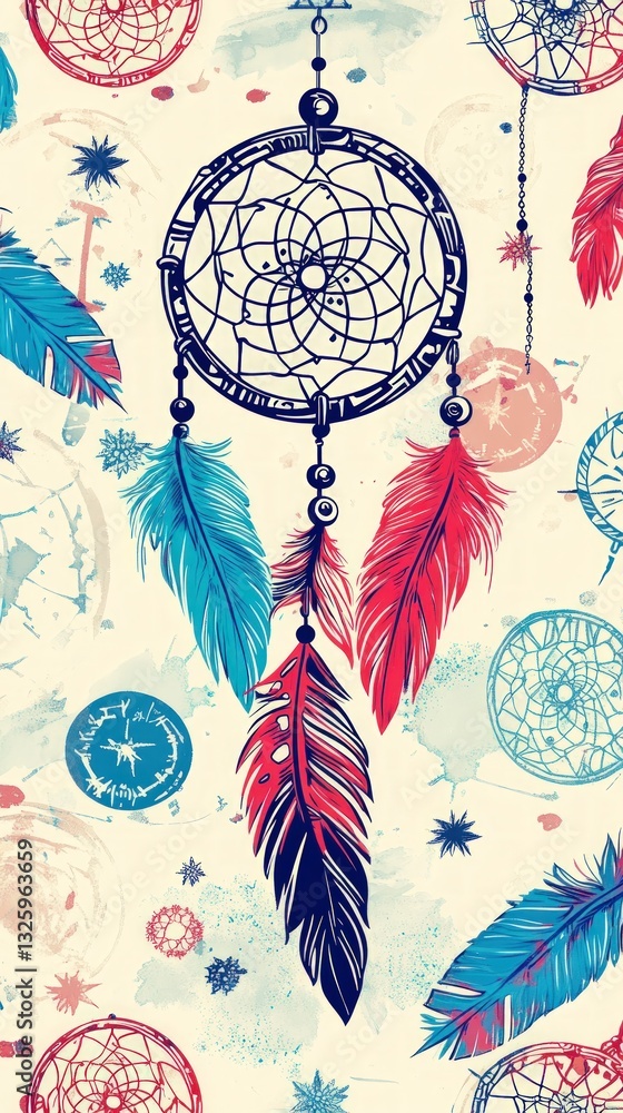 Poster pattern featuring dreamcatcher with colorful feathers and abstract elements on a cream background. a