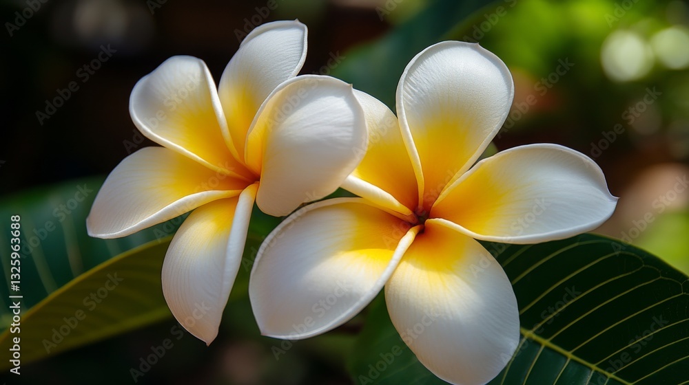 Poster plumeria flower macro shot with colorful petals and empty space for text or design