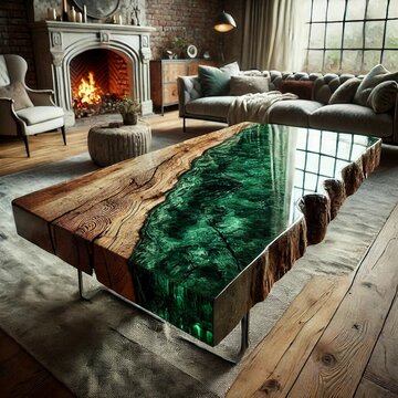 Eleganter Wohnzimmertisch aus Holz und gr&uuml;nem Epoxidharz, inspiriert von der Natur. Modernes, luxuri&ouml;ses Interieur mit Kamin, gem&uuml;tlicher Beleuchtung und stilvollen M&ouml;beln.
